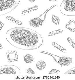 Seamless background, spaghetti on a plate, fork with spaghetti Vector vintage black engraving isolated on a white background.  Italian pasta. A hand-drawn design element for the menu. Vector.