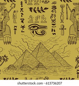 Seamless background with Sphinx, pyramids and traditional Egyptian symbols. May be used as wrapping paper, textile or wallpaper design.