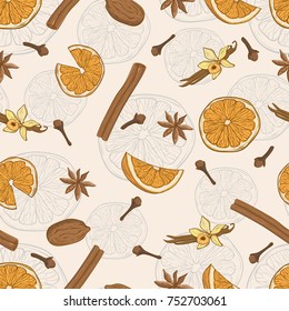 Seamless background with spices and citrus fruit. Hand-drawn vector illustration.