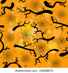 Seamless background with spider webs and tree branches. Vector illustration for your design. Happy Halloween background.