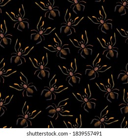 Seamless background with spiders on black background, cartoon style, tarantula, arachnid, insects, print, decoration, wallpaper, gift paper, for clothes, fabric, backdrop, cloth, wrapping, halloween