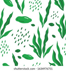 Seamless background of spirulina. Spirulina algae and pills. Superfood. Cartoon style pattern.