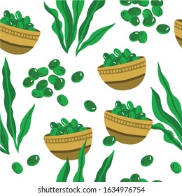 Seamless background of spirulina. Spirulina algae and pills. Superfood. Cartoon style pattern.