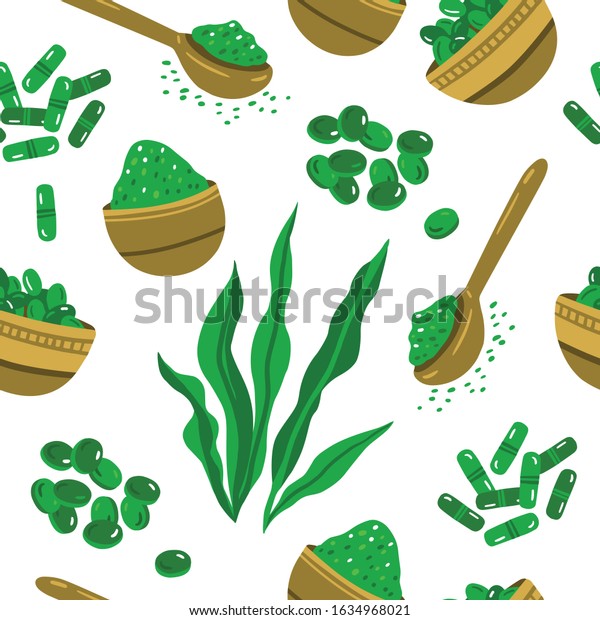 Seamless\
background of spirulina. Spirulina algae, pills and spirulina\
powder. Superfood. Cartoon style\
pattern.