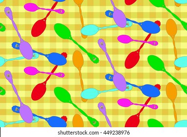 Seamless background with spoon on yellow plaid fabric.