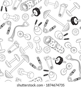 Fondo incomparable de los elementos Doodle deportivos dibujados a mano. patrón vectorial de: bárbaro, campanas, alfombras para deportes, diferentes expansores.