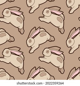 Seamless background. The spotted rabbit jumps in different directions. Beige background. Brown rabbit with pink ears. 