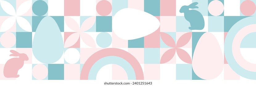 Seamless background for the spring holiday of Easter with a texture of circles and squares. Mosaic with geometric shapes, pastel background with eggs and hares.