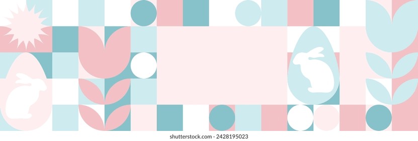 Seamless background for the spring holiday of Easter with a texture of circles and squares. Mosaic with geometric shapes, pastel background with eggs and hares.