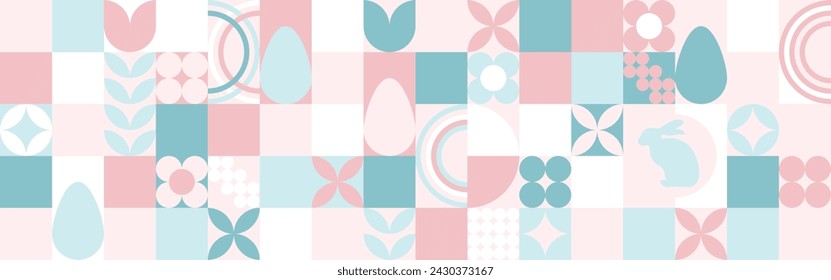 Seamless background for the spring holiday of Easter with a texture of circles and squares. Mosaic with geometric shapes, pastel background with eggs and hares.