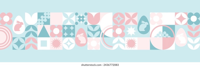 Seamless background for the spring holiday of Easter with a texture of circles and squares. Mosaic with geometric shapes, pastel background with eggs and hares.