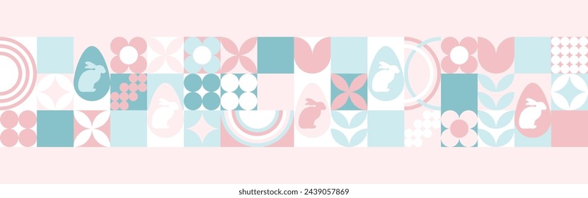 Fondo inconsútil para las vacaciones de primavera de Pascua con una textura de círculos y cuadrados. Mosaico con formas geométricas, fondo pastel con huevos y liebres.