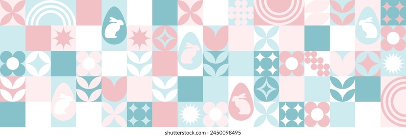 Seamless background for the spring holiday of Easter with a texture of circles and squares. Mosaic with geometric shapes, pastel background with eggs and hares.