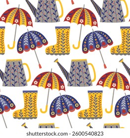 Seamless background with spring objects in folk style. Decorative floral pattern with garden elements