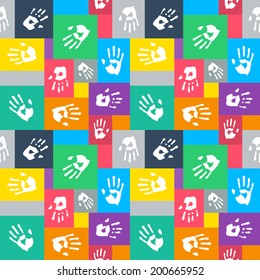 Seamless background with squares and hands. UI color theme. 
