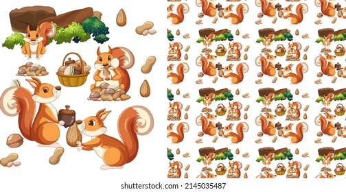 Seamless background with squirrels and walnuts illustration