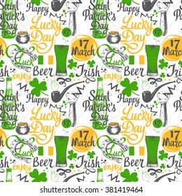 Seamless background with St. Patrick's Day symbols. Vector illustration with glass of beer, bottle, cylinder, pipe, leaf of clover and congratulations. Drink menu for celebration. Holiday pattern.