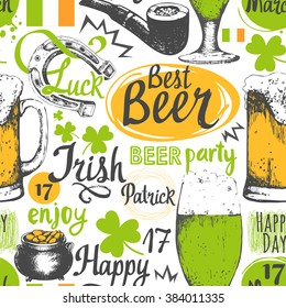 Seamless background with St. Patrick's Day symbols. Vector illustration with glass of beer, bottle, cylinder, pipe, leaf of clover and congratulations. Drink menu for celebration. Holiday pattern.