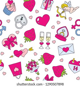 The seamless background of St. Valentine's Day objects: heart, ring, flowers, cupid, chocolate box, etc. on white. Hand drawn doodle illustration. Vector 8 EPS
