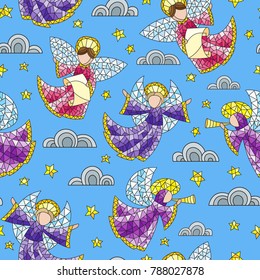 Seamless background with stained glass angels, clouds and stars on blue background