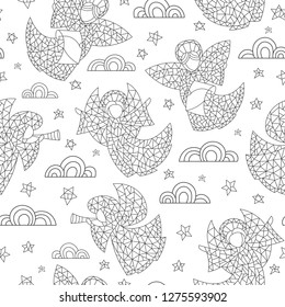 Seamless background with stained glass dark contour angels, clouds and stars on white background