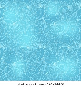 Seamless background with starfish and seashells. Pattern can be used for wallpaper, pattern fills, web page background,surface textures,decoration , fill, vacation, holiday.