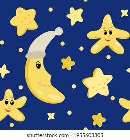 Seamless background with the starry sky. Cartoon stars and month against the blue sky. Pattern for design of textiles, packaging, children s clothing. Vector.
