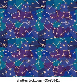 Seamless background with starry sky, sketch constellations and stars on artistic background, vector illustration
