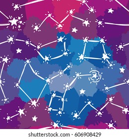 Seamless background with starry sky, sketch constellations and stars on artistic background, vector illustration