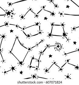 Seamless background with starry sky, sketch constellations and stars, black and white colors, vector illustration