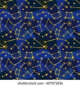 Seamless background with starry sky, sketch constellations and stars on artistic background, vector illustration