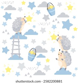 seamless background stars, background boy, cute hedgehogs, blue background, background hedgehogs, for boy, birth of boy, light, white, gentle, collect stars, children, cute, ladder, clouds