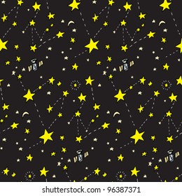 Seamless background of stars, moons and satellites over black
