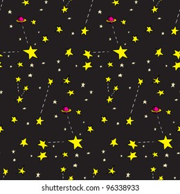 Seamless background of stars and ringed planets over black