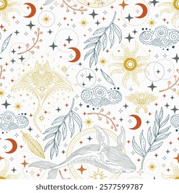 Seamless background with stars, sun, celestial animals and moon. Endless astrological pattern for tarot, boho ornament for zodiac, design, textile, packaging, astrology, paper. Vector Illustration.