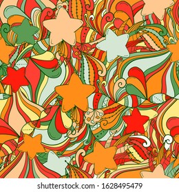 Seamless background with stars,leaves,flowers and berries. Ornament for decorative surfaces: fabric. wallpaper, paper, etc. Holiday symbols.