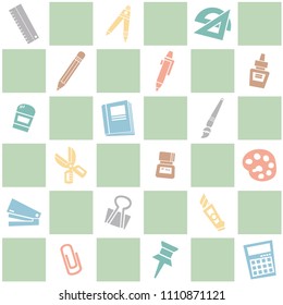 Seamless background of stationery pattern. School theme in vintage pastel color.  Freehand drawing in cute style. Vector illustration. 