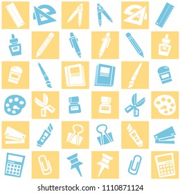 Seamless background of stationery pattern. School theme in blue and yellow.  Freehand drawing in cute style. Vector illustration. 