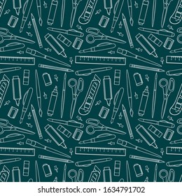 seamless background of stationery tools. hand drawn illustration.