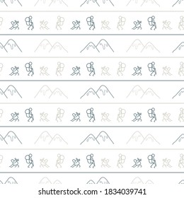 Seamless background stick figures hiking with dog gender neutral pattern. Whimsical minimal earthy 2 tone color. kids nursery wallpaper or boho cartoon camping fashion all over print. 