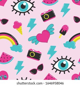Seamless background with stickers 80's. Set in the style of comics. Vector illustration on a pink background