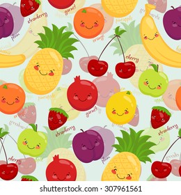 Seamless background stock vector image cartoon fruit, vegetarian food, vitamins, juice.