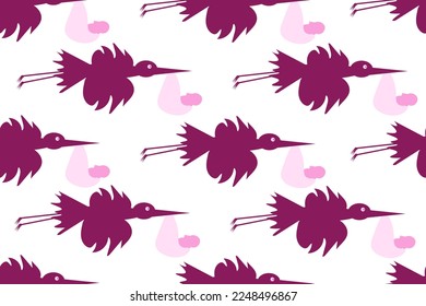 Seamless background with a stork holding a diaper with a newborn baby in its beak. Wallpaper and bed linen print for children room. Website banner for perinatal center or womens consultation.