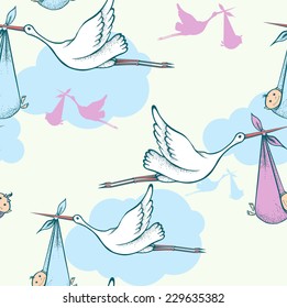  Seamless background with storks carrying newborn babies