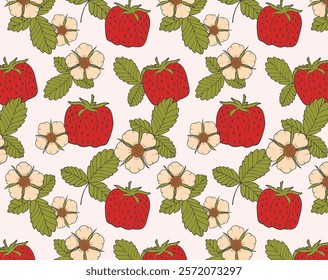 Seamless background with strawberries. Color vector pattern with berries, leaves and strawberry flowers. Suitable for printing on fabric, paper, gift wrapping, postcards.