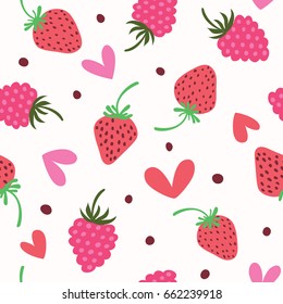 Seamless background with strawberries and hearts.
