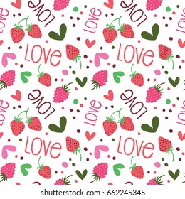Seamless background with strawberries and hearts.