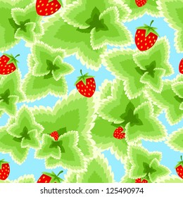 Seamless background with strawberries and leaves.