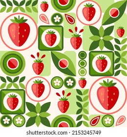 Seamless background with strawberry, circles, abstract geometric shapes. Simple minimal style. Good for branding, decoration of food package, cover design, decorative home kitchen prints