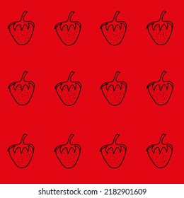 Seamless background with strawberry drawn with black marker on a red paper. Beautiful fruits background.